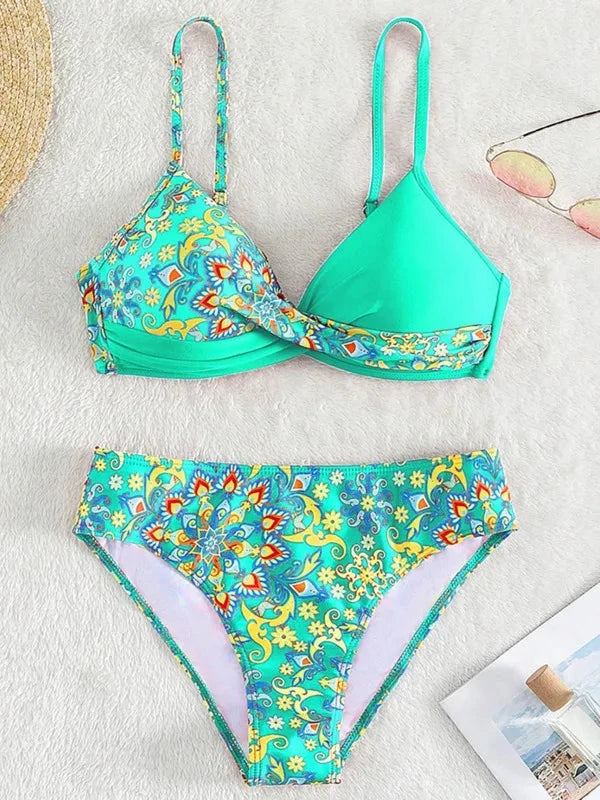 Twisted Front Floral Tie-Up Back Two Piece Bikini Set