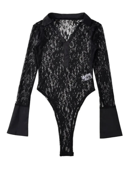 V-Neck Long Sleeve Black Lace Sheer Bodysuit