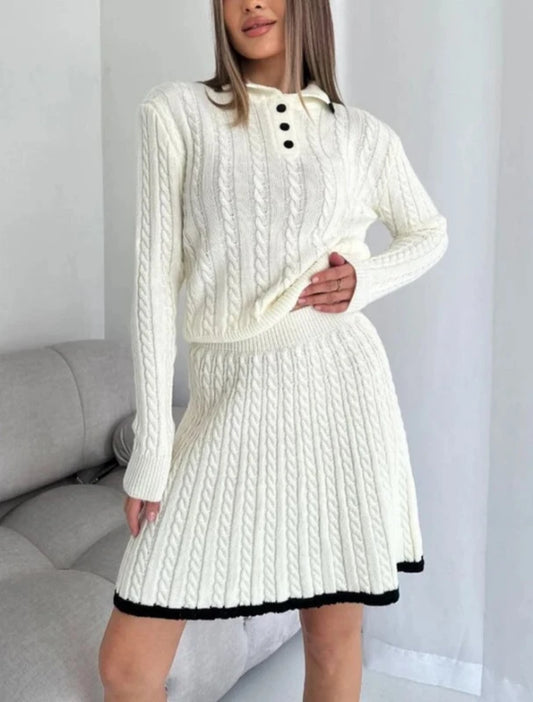 Long Sleeve Button Knit Top with A-Line Short Skirt Matching Outfit