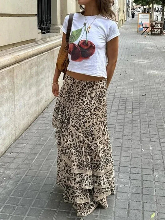 High Waist Ruffle Layered Maxi Leopard Skirt