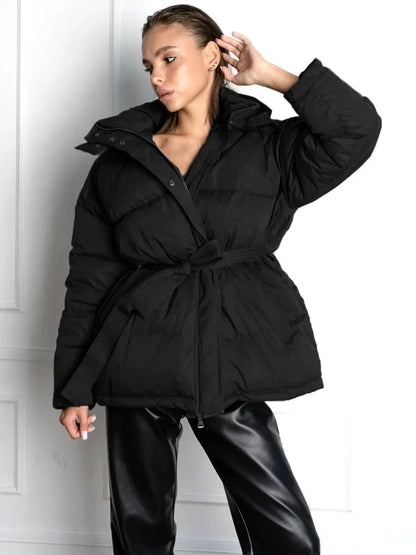 Thick Warm Zipper Puff Cotton Coat with Belt