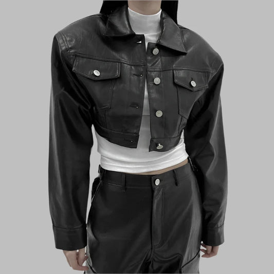 Shoulder Pad Short Button PU Leather Jacket