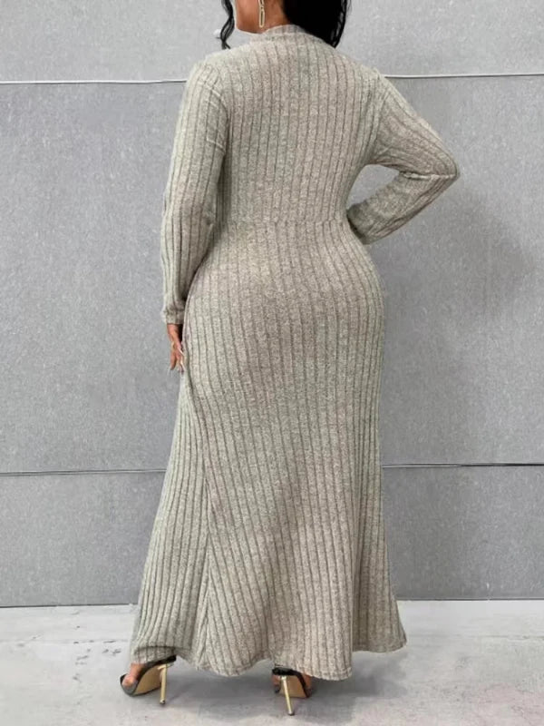 Long Sleeve Ribbed Knit Side Split Plus Size Bodycon Dress