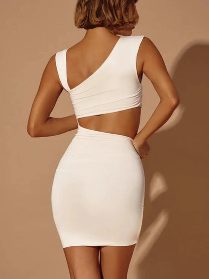 White Skew Collar Cut Out Waist Ruched Bodycon Mini Dress