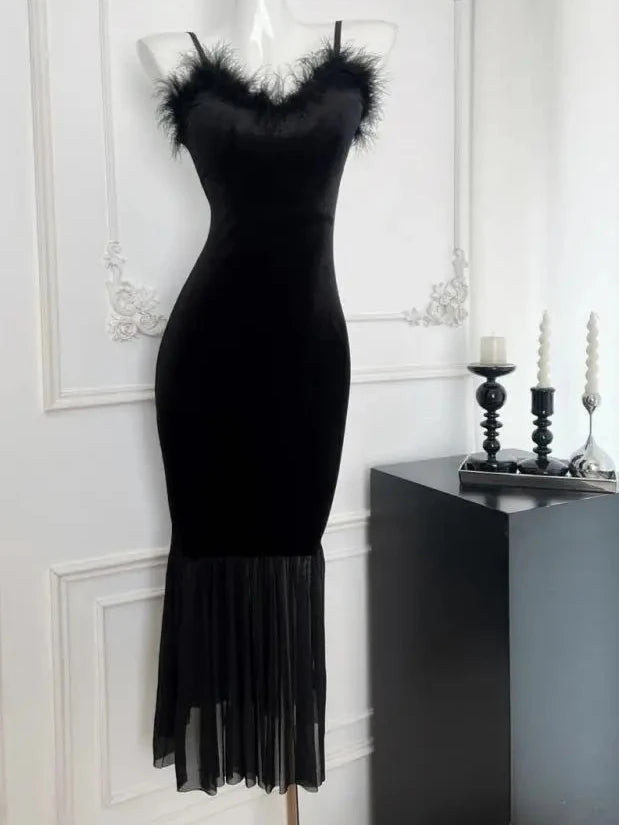 Feather Neck Mesh Black Velvet Bodycon Fishtail Dress