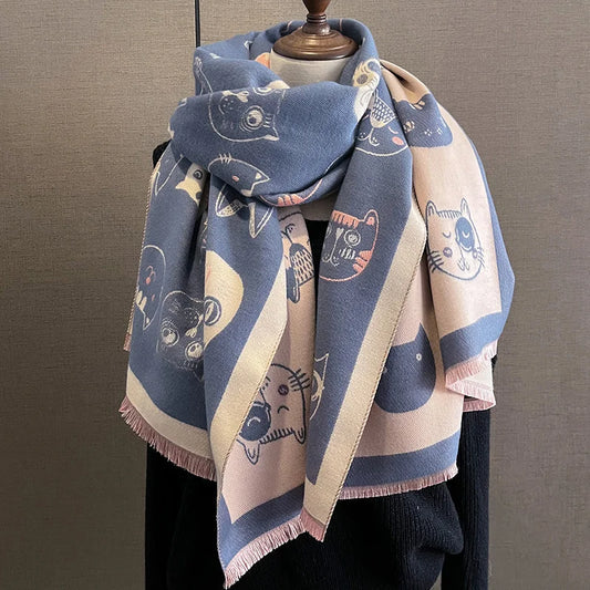 Long Cute Cat Faces Soft Cashmere Pashmina Shawl