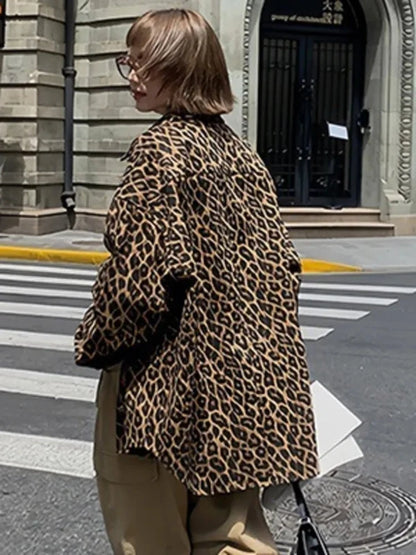 Lapel Collar Lightweight Oversized Leopard Print Jacket