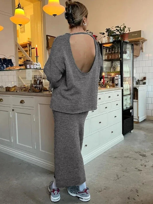 Dark Gray Backless Knitted Top and Long Skirt Two Piece Outfit