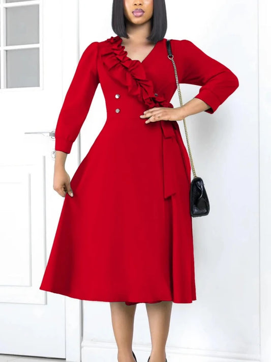 Long Sleeve Ruffle Lace-Up Short Plus Size Dress