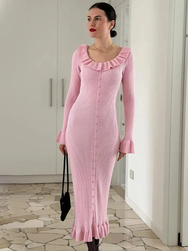 Ruffle Neck Buttons Pullover Pink Rib Knit Maxi Dress