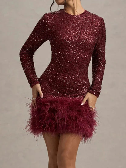 Glitter Sequin Long Sleeve Mini Dress with Faux Fur Hem