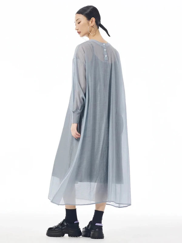 Reversible Buttons Shirt Sleeve Mesh Sheer Maxi Dress