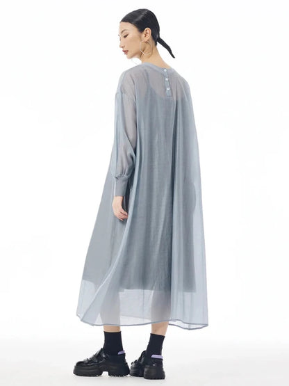 Reversible Buttons Shirt Sleeve Mesh Sheer Maxi Dress