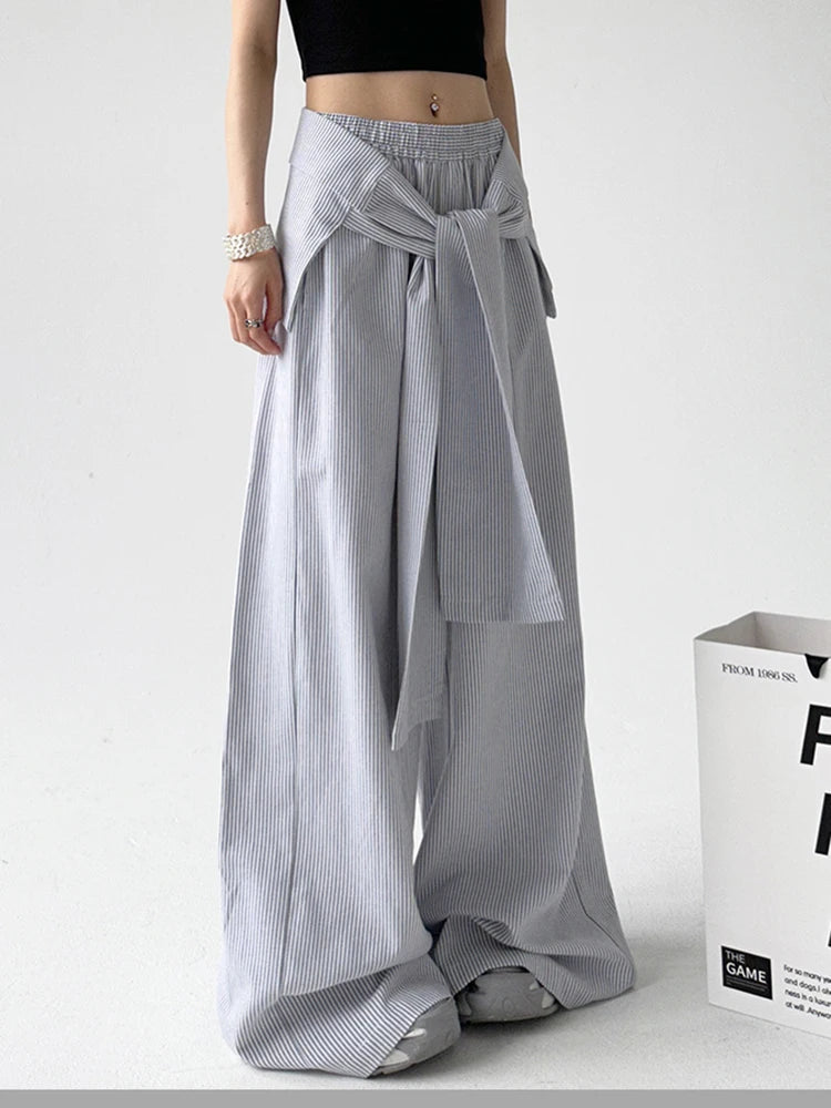 Elastic Waist Removable Wrap Blue Striped Wide-Leg Pants