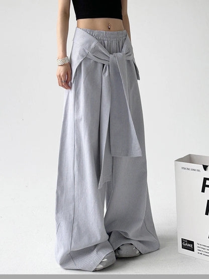 Elastic Waist Removable Wrap Blue Striped Wide-Leg Pants