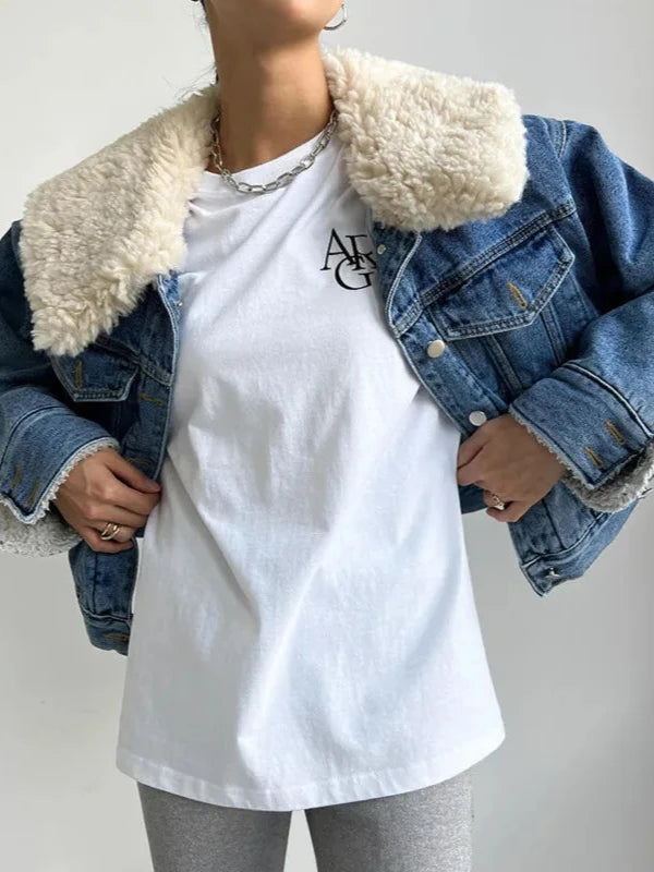 Thick Wool Collar Thick Warm Short Denim Coat Jacket