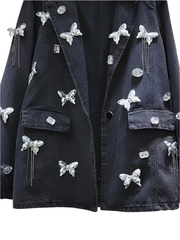 Notched Collar Rhinestone Butterfly Oversized Denim Jacket