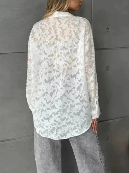 White Long Sleeve Mesh Jacquard Sheer Shirt