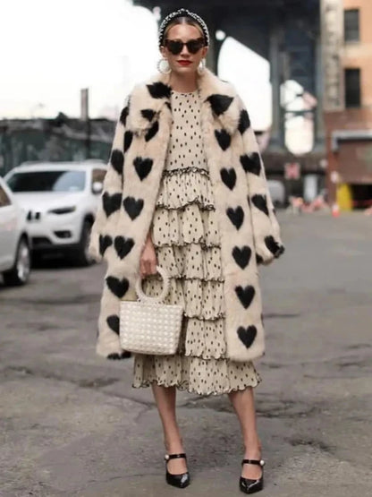 Thick Plush Black Heart Open Stitch Midi Faux Fur Coat