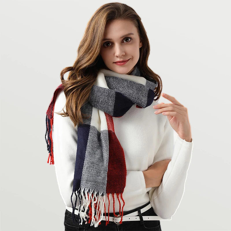 Plaid Soft Thick Cashmere Long Wrap Scarf with Fringe