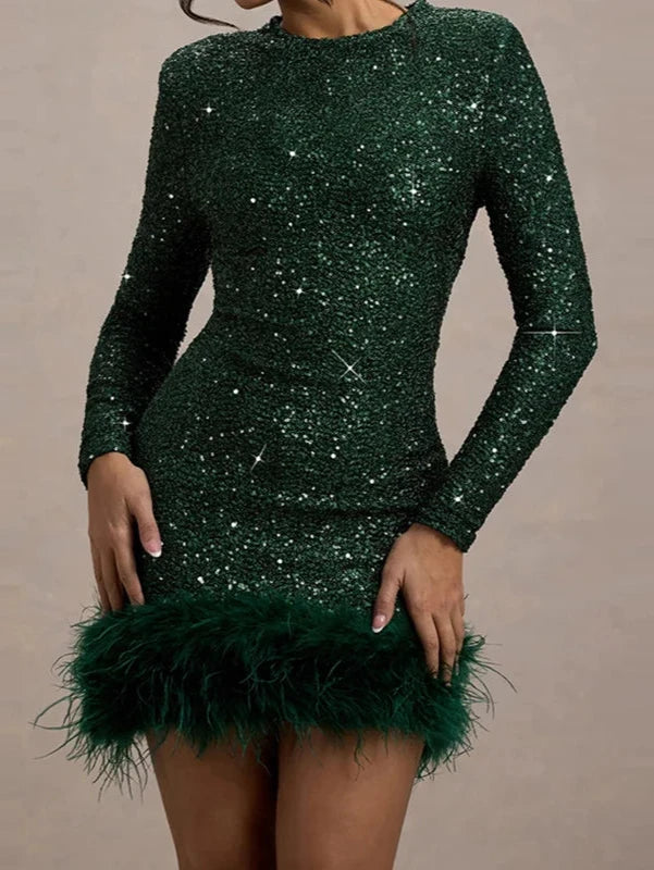 Glitter Sequin Long Sleeve Mini Dress with Faux Fur Hem