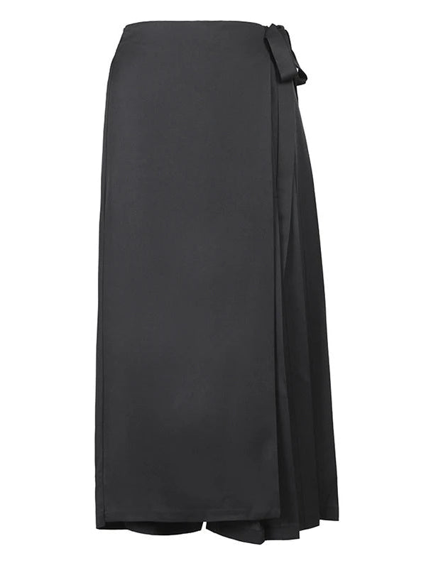 Black Elastic Waist Pleated Split Wide Leg Trousers