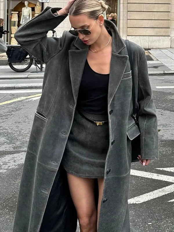 Grey Button-Up Washed Faux Leather Trench Coat