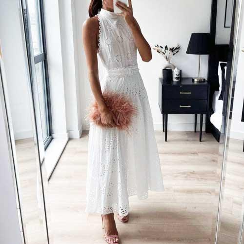 Sleeveless A-Line Long White Dress - SHExFAB