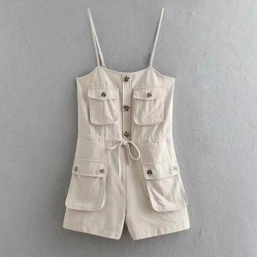 Spaghetti Strap Button Cotton Jumpsuit