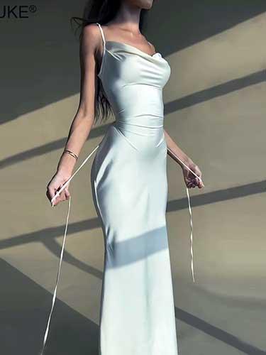 Spaghetti Strap Criss Cross Lace-Up Long Satin Dress - SHExFAB