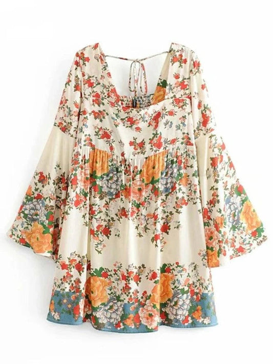 Square Collar Vintage Floral Boho Mini A-Line Dress - SHExFAB