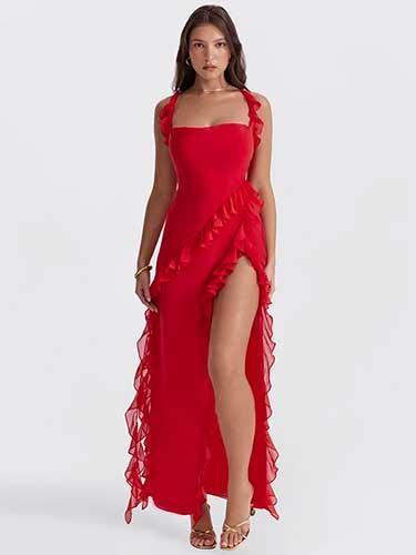 Square Neck Ruffle Slit Party Maxi Dress - SHExFAB