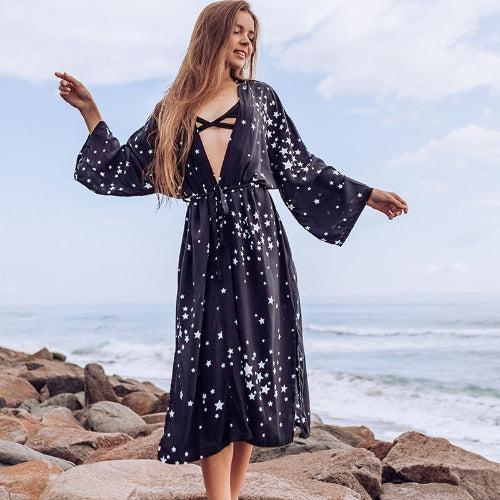 Star V-Neck Black Bikini Cover-Up - SHExFAB