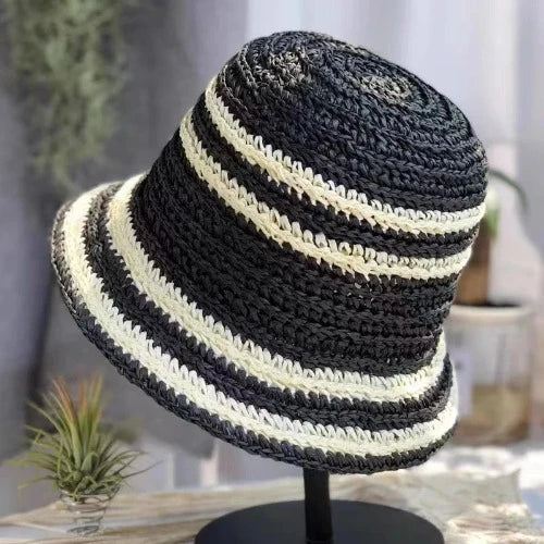 Summer Black Striped Straw Beach Hat - SHExFAB