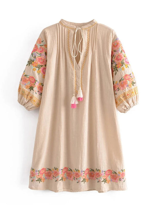 Tie Neck Cotton Floral Embroidery Mini Vintage Dress - SHExFAB