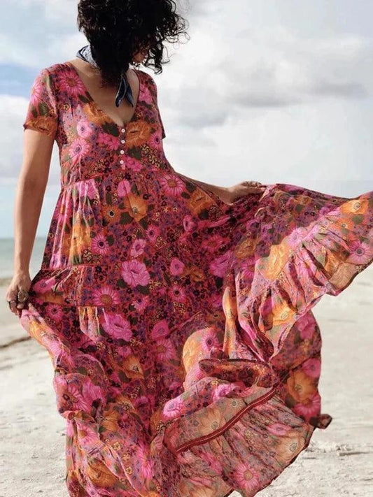 V-Neck Cotton Summer Long Floral Ruffle dress - SHExFAB