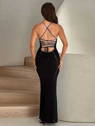 V-Neck Criss Cross Backless Maxi Crochet Dress - SHExFAB