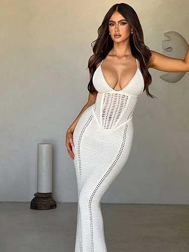 V-Neck Criss Cross Backless Maxi Crochet Dress - SHExFAB