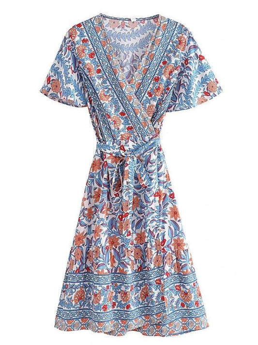 V-Neck Cross Wrap Short Blue Floral Dress - SHExFAB