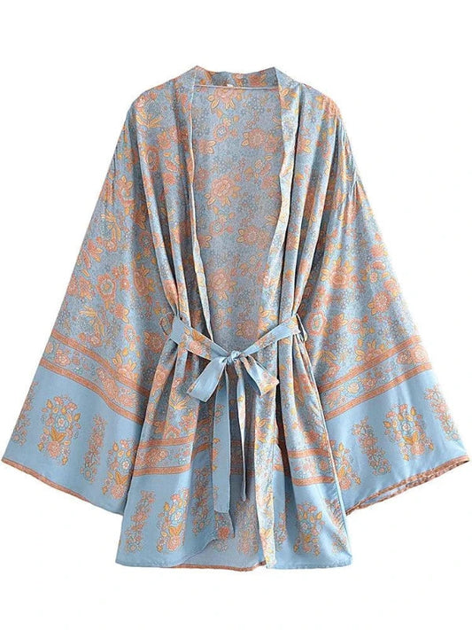 V-Neck Floral Boho Kimono Robe Cover Up - SHExFAB