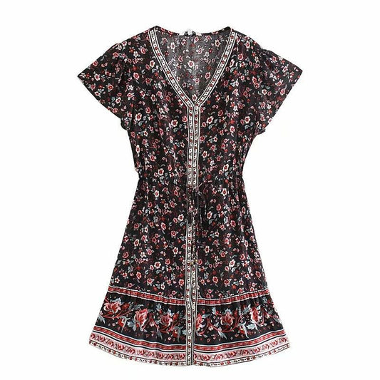 V-Neck Short Sleeve Small Floral Button Down dress - SHExFAB