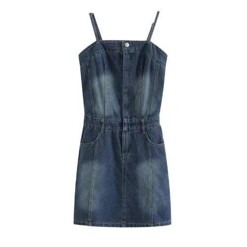 Vintage Button Blue Mini Denim Dress - SHExFAB