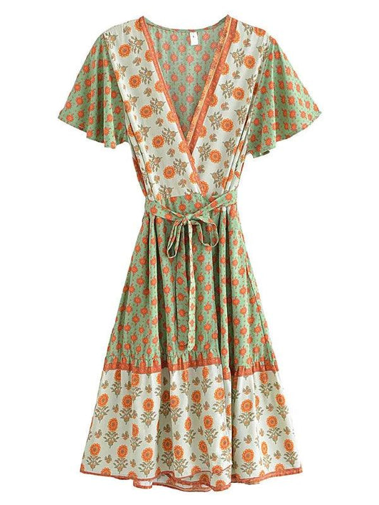 Vintage V-Neck Bohemian Short A-Line Floral Dress - SHExFAB