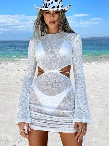White Long Sleeve Sheer Mini Beach Dress