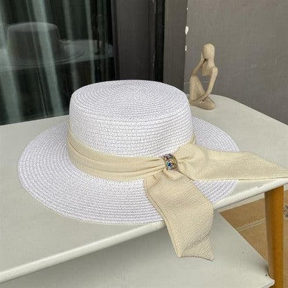 White Ribbon Flat Top Summer Hat