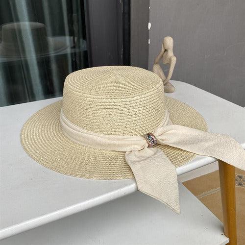 White Ribbon Flat Top Summer Hat