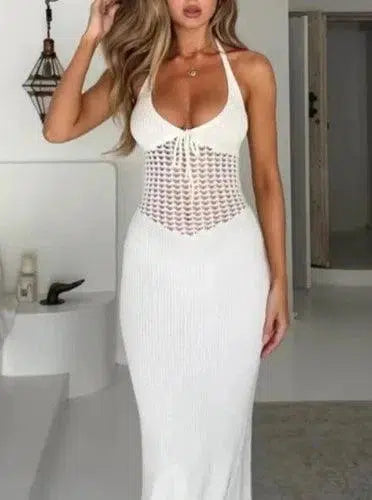 White See-Through Long Knitted Dress - SHExFAB