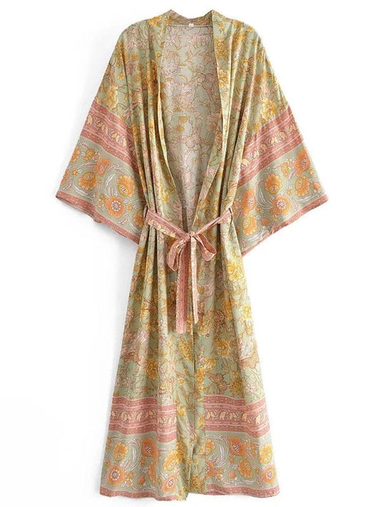 Yellow Floral Print Batwing Sleeve Bohemian Long Kimono - SHExFAB