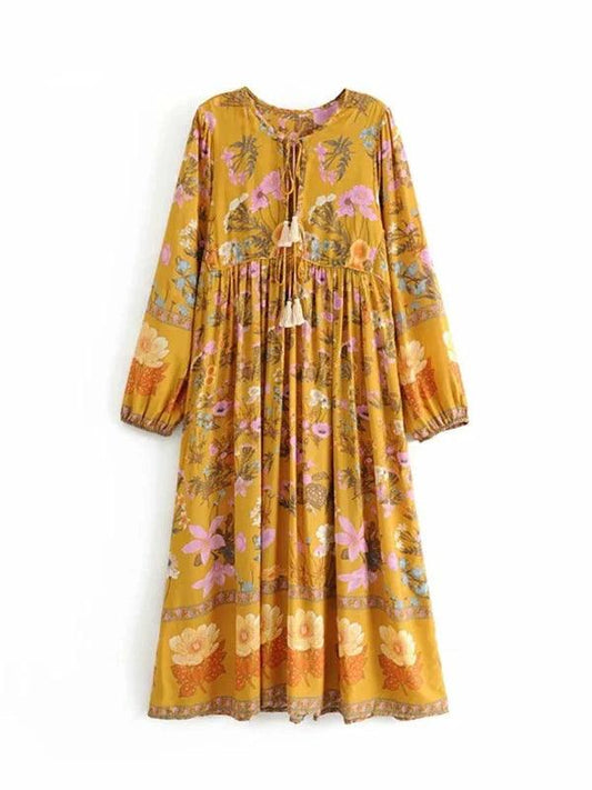 Yellow Long Sleeve Floral A-Line Maxi Dress - SHExFAB