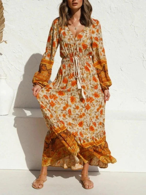 Yellow Tie Neck Tassel Floral Bohemian Maxi Dress - SHExFAB